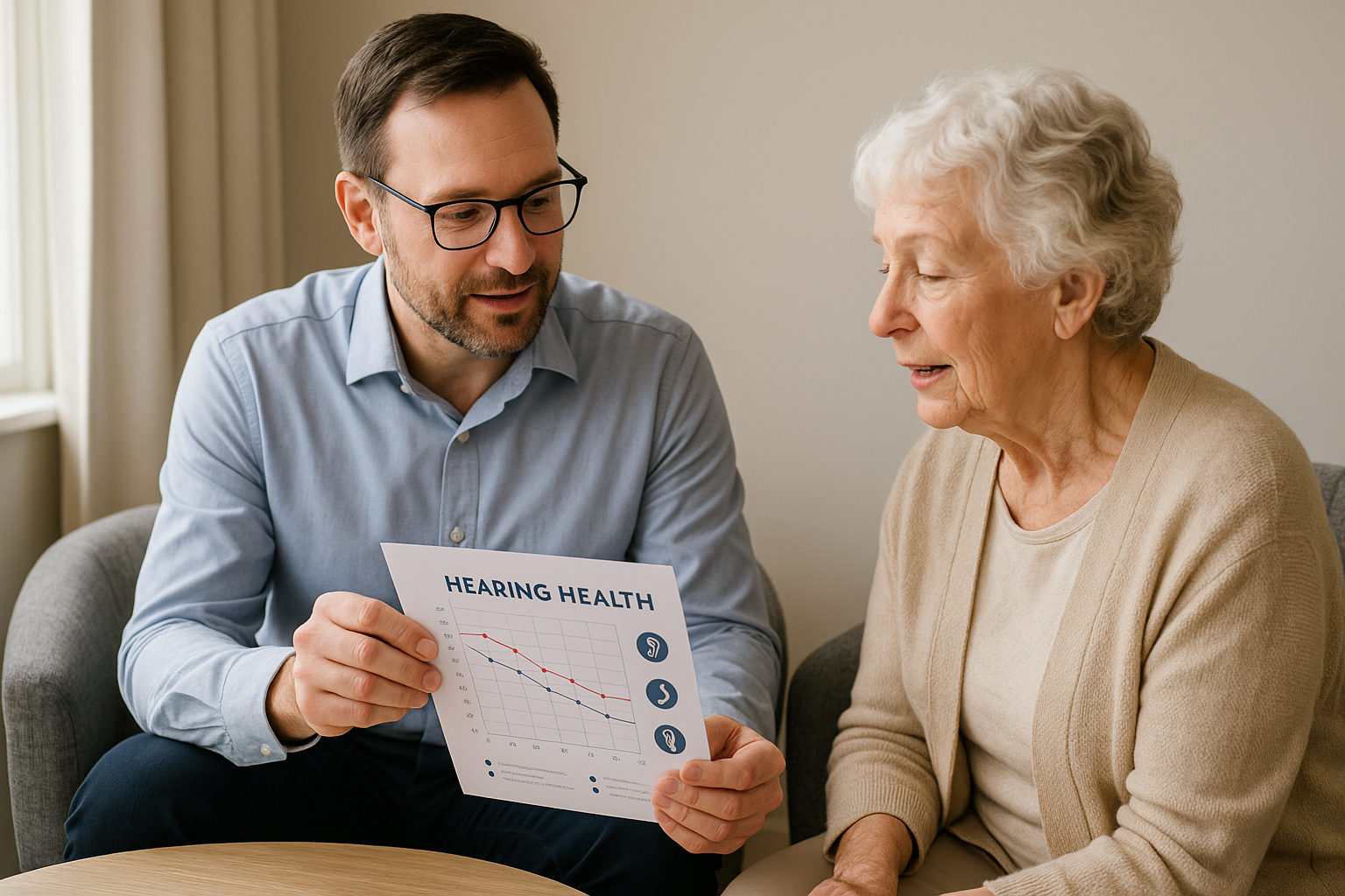 A healthcare professional showing an elderly woman a printed hearing health chart and discussing test results in a warm, home-like setting.