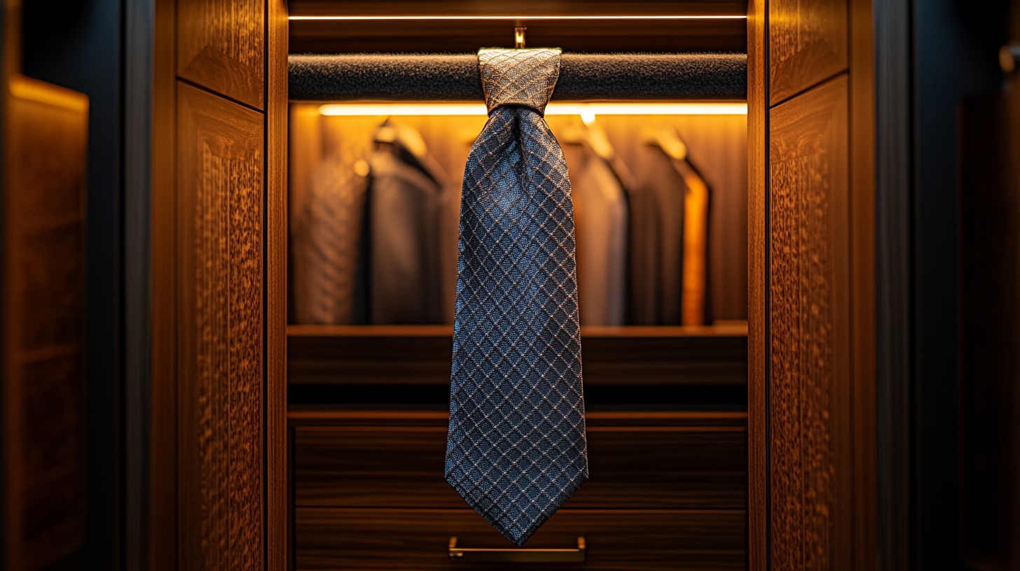 A stylish silver tie hanging inside a modern wooden wardrobe. The sleek, slightly reflective fabric drapes over a velvet hanger, with soft lighting emphasizing its polished look. Dark wooden panels provide contrast, creating an elegant and contemporary scene. The background remains subtle to keep attention on the tie.