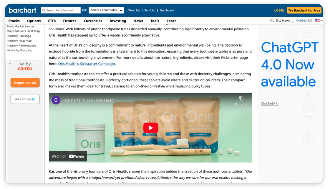 A press release detailing Oris Health' launch of Eco-Friendly Toothpaste Tablets on Kickstarter, featured on Barchart.