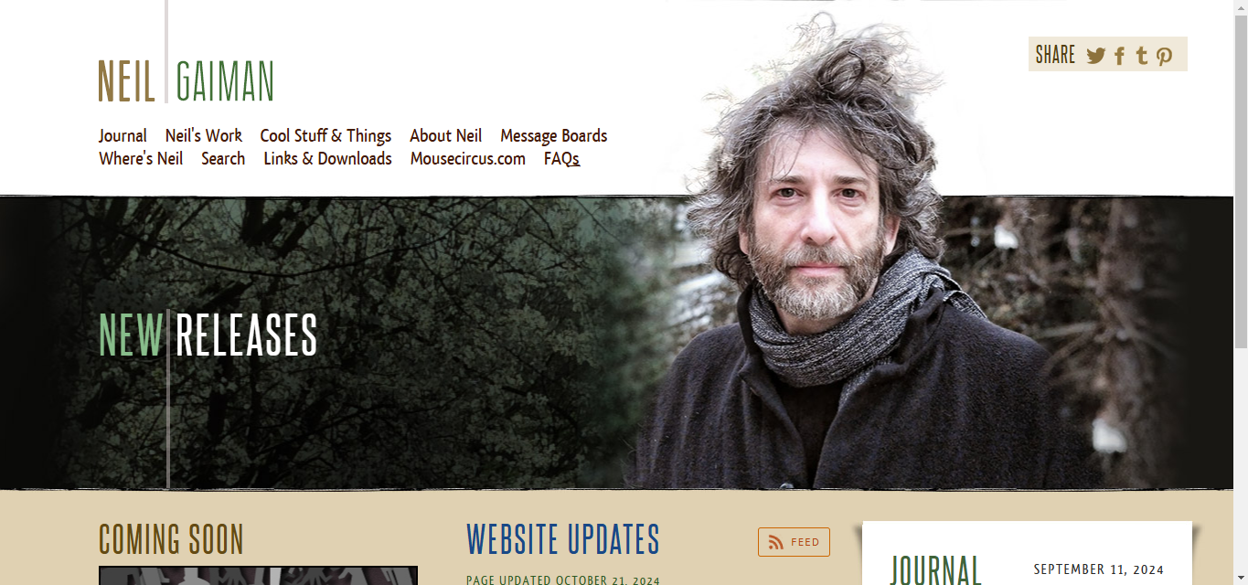 a screenshot of www.neilgaiman.com a one-page author website