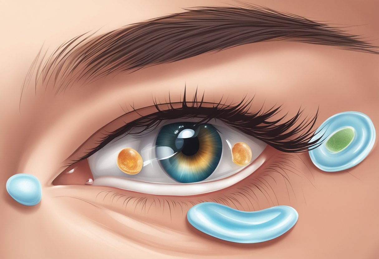 A close-up illustration of an irritated eye with redness, swelling, and discomfort, surrounded by lash glue and allergy treatment products