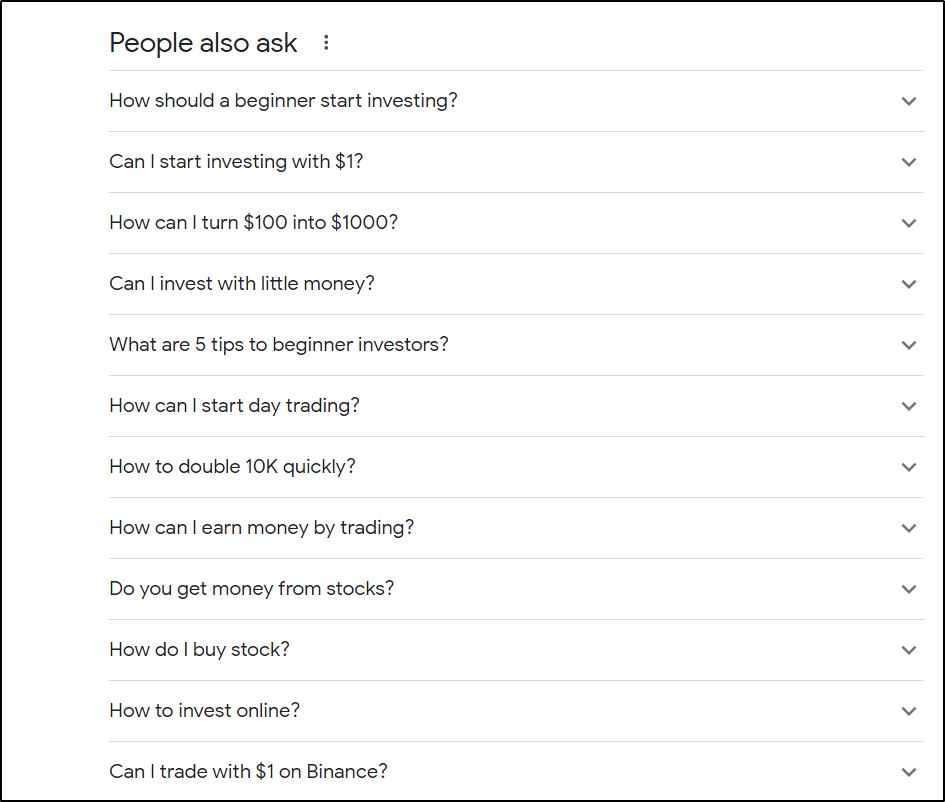Google's "People also ask" search results for financial services realted marketing keywords.