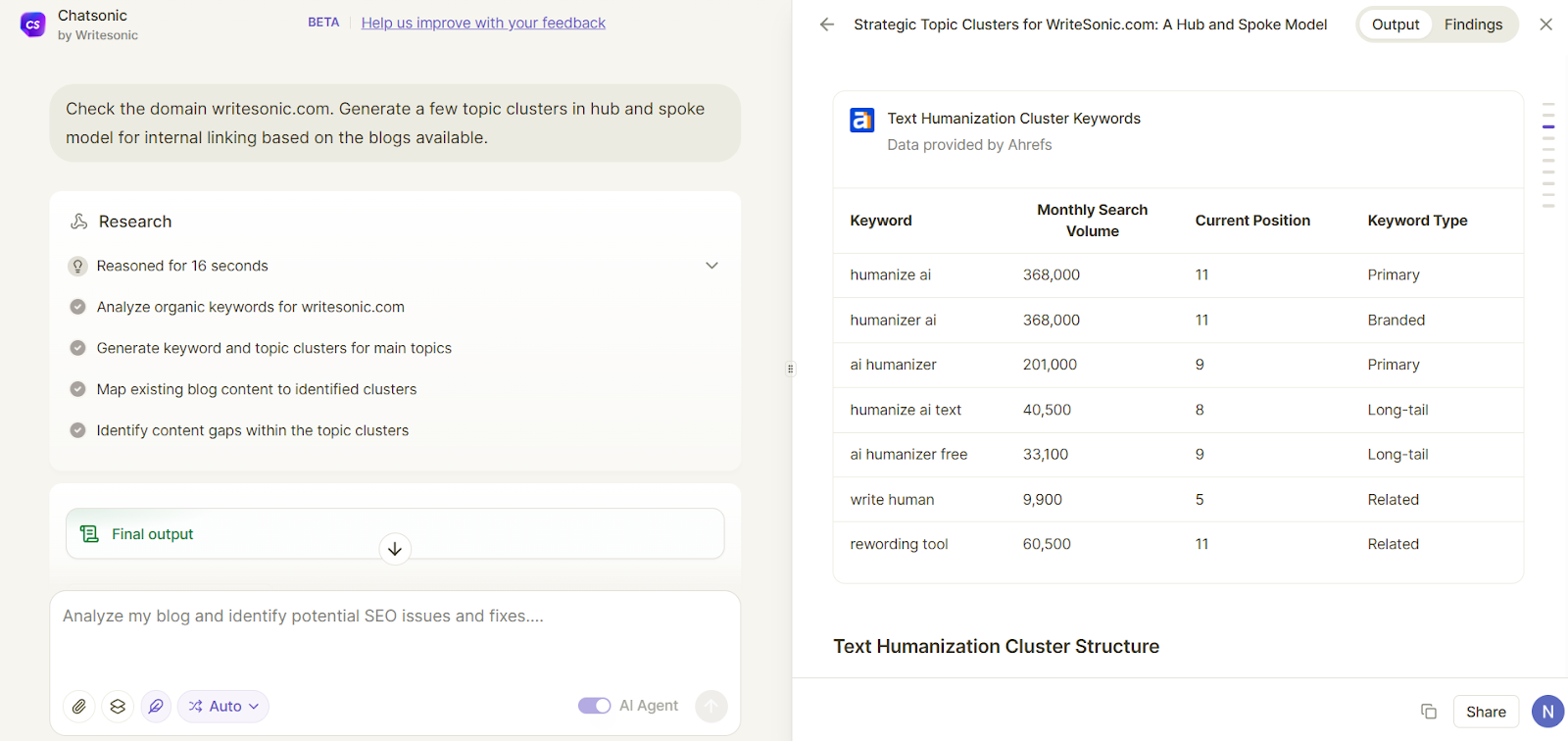 Use SEO AI Agent to create topic clusters