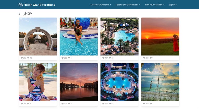 An Instagram image gallery of user-generated content on the Hilton Grand Vacations homepage