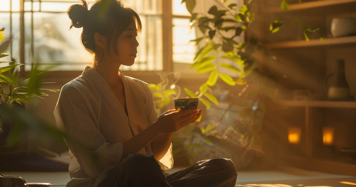 A woman sits cross‑legged in a softly lit room, holding a steaming cup with both hands, her expression calm and reflective as morning light filters through the window and plants surround her. Her quiet focus reflects the steady power found in setting boundaries.