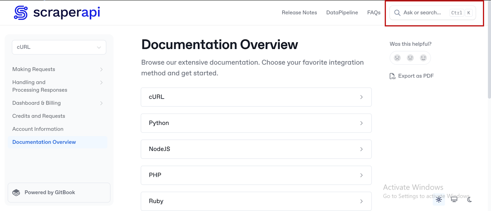 Search bar in ScraperAPI All Docs
