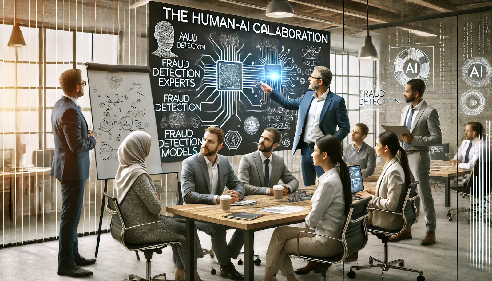 A diverse team of fraud detection experts and AI specialists collaborating in a modern office. The scene includes a whiteboard filled with diagrams and a digital screen showing AI-generated fraud detection models. One team member, a middle-aged man, points to the whiteboard explaining a strategy, while a younger woman in a hijab is seated with a laptop analyzing data. The atmosphere suggests a productive meeting blending AI technology and human expertise.