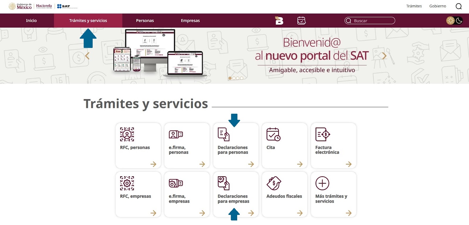 Portal del SAT mostrando opciones de declaraciones para personas y empresas