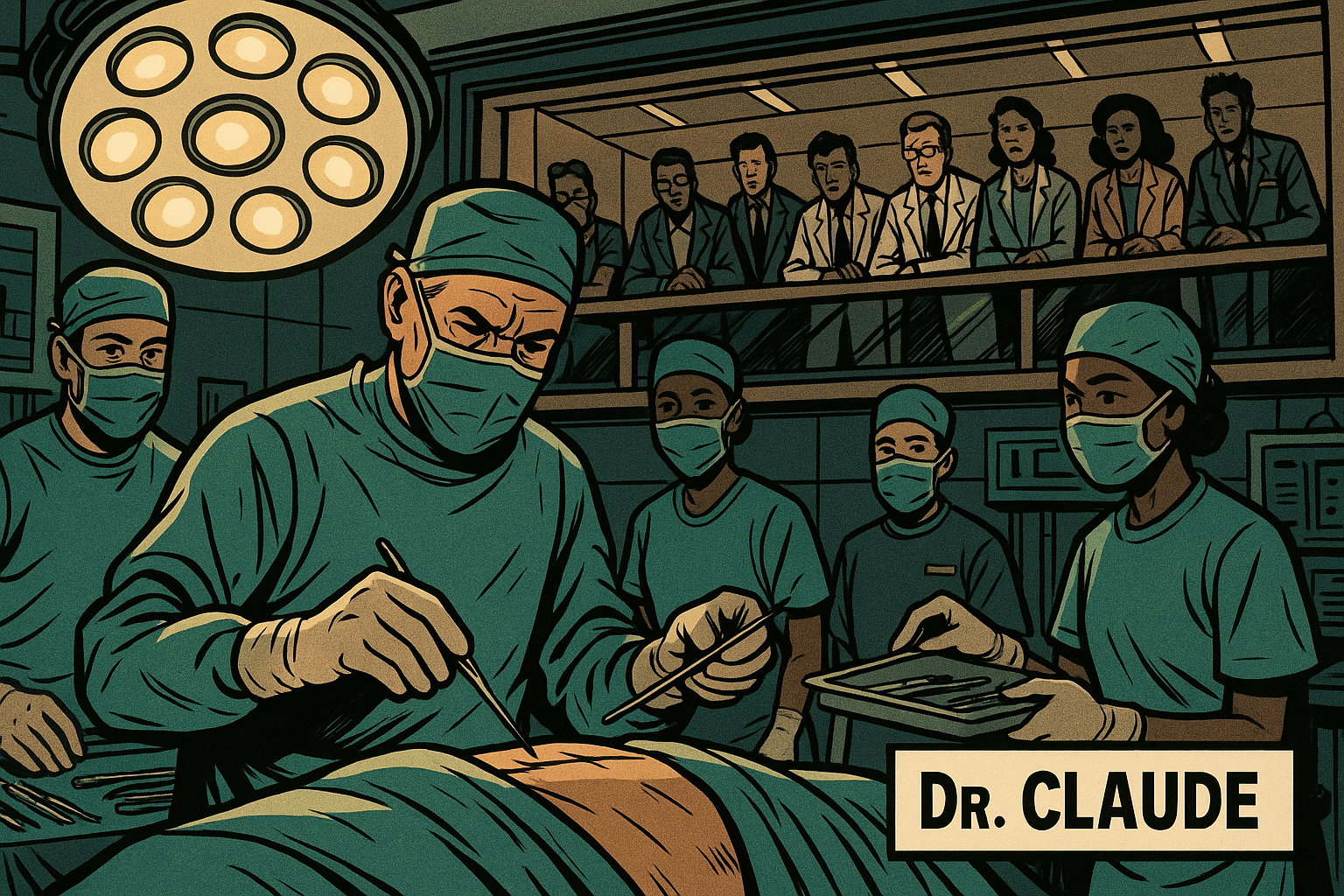 In a comic-style hospital scene, Dr. Claude operates intently on a patient, assisted by a surgical team. Above, six observers in a viewing gallery take notes. The room is filled with teal surgical tones, dramatic lighting, and no visible dialogue.