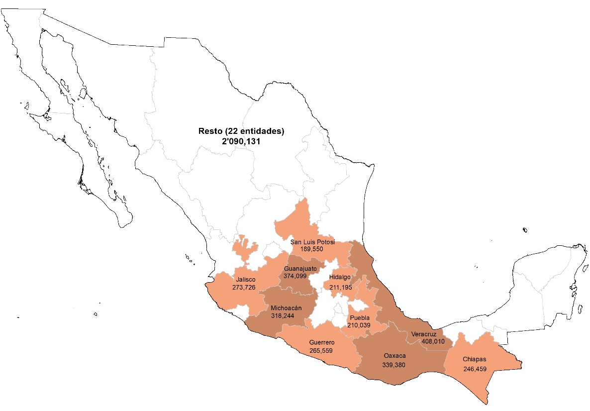 A map of mexico with orange and white areas

Description automatically generated