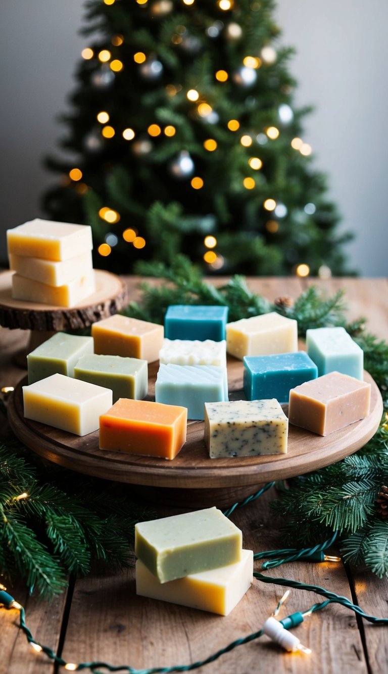 A festive display of 13 colorful homemade soap bars arranged on a rustic wooden table, surrounded by holiday greenery and twinkling lights