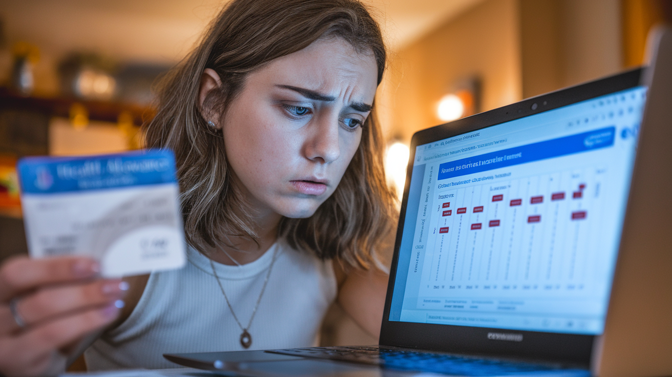 Create a realistic image of a young white female looking concerned while researching on a laptop, with a health allowance card visible nearby. The screen displays a complex chart comparing insured rates for various medical services. The background suggests a home office setting with warm lighting.