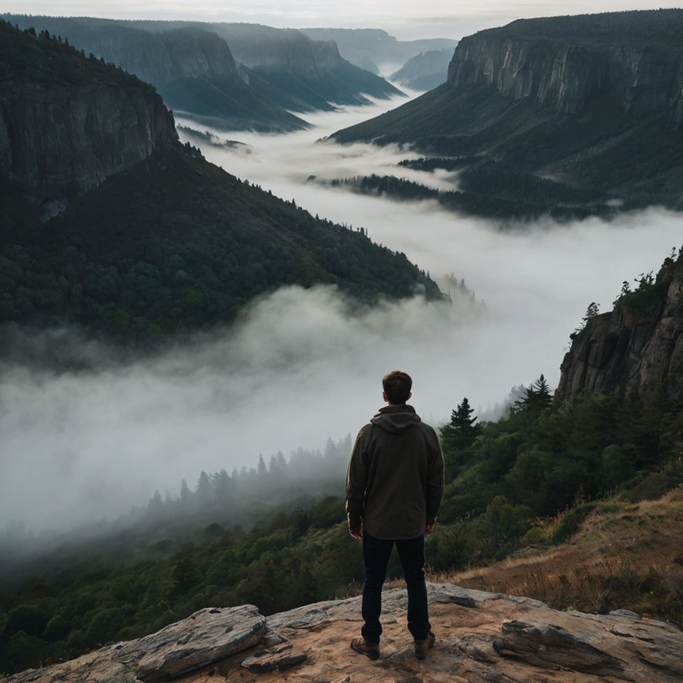 A man standing at the edge of a cliff overlooking a foggy valley, symbolizing the journey of moving on after a breakup