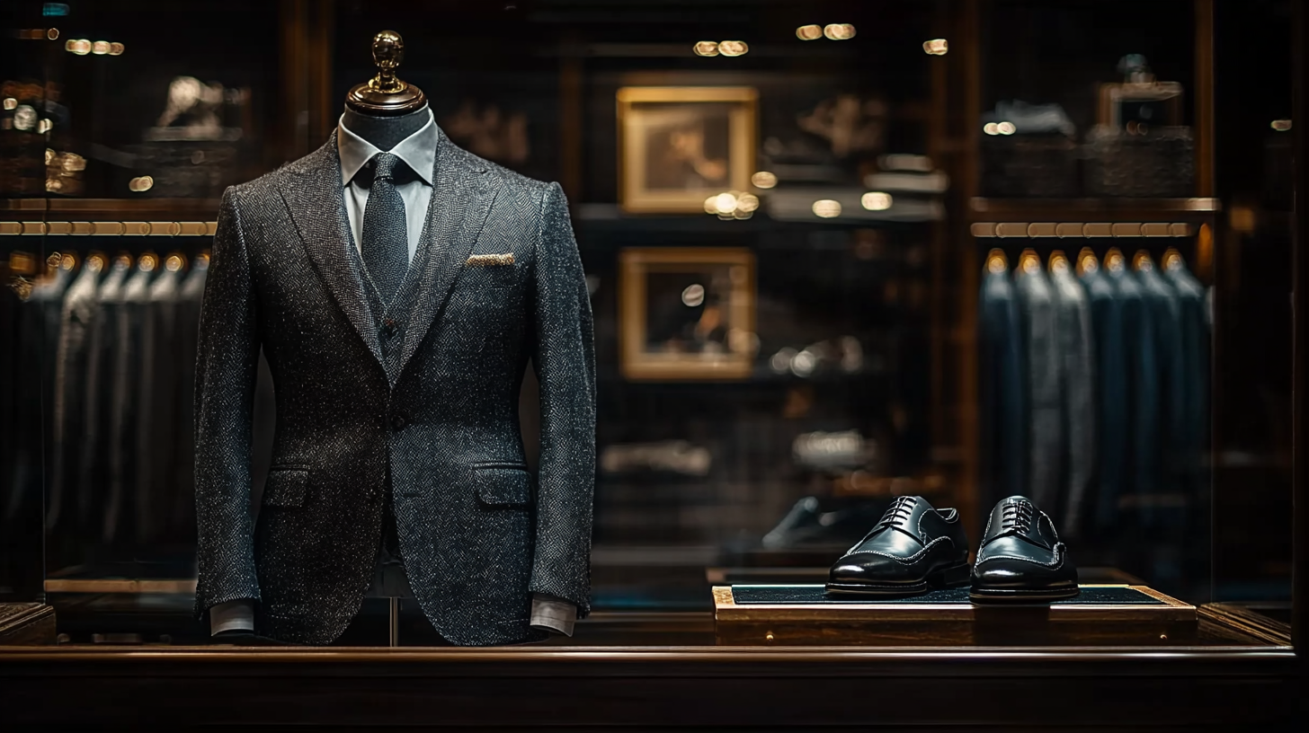 A high-end boutique display featuring a charcoal gray suit on the left, draped over a mannequin. On the right, an immaculate pair of black leather dress shoes is arranged neatly on a glass shelf, with subtle lighting highlighting the contrast between the rich textures.