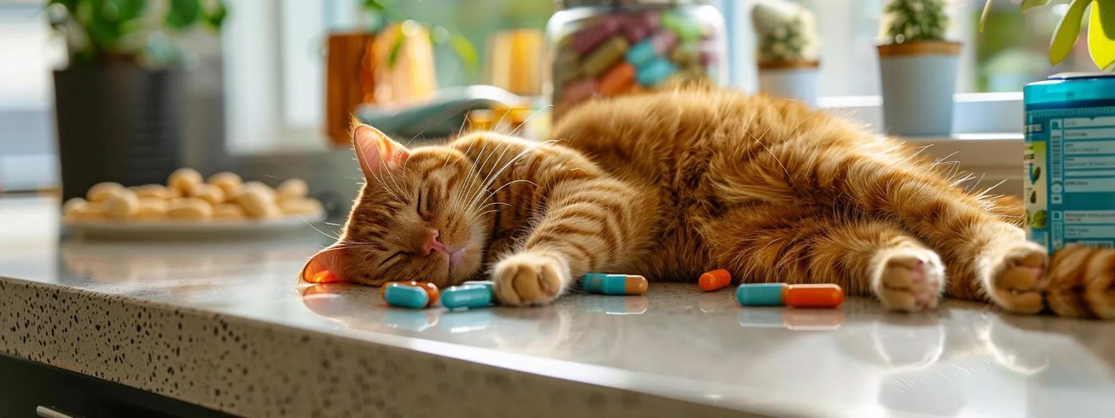a sleek, modern veterinary office showcases a vibrant, well-fed cat playfully lounging on a polished countertop, surrounded by colorful vitamin supplements in elegant packaging that convey health and vitality.