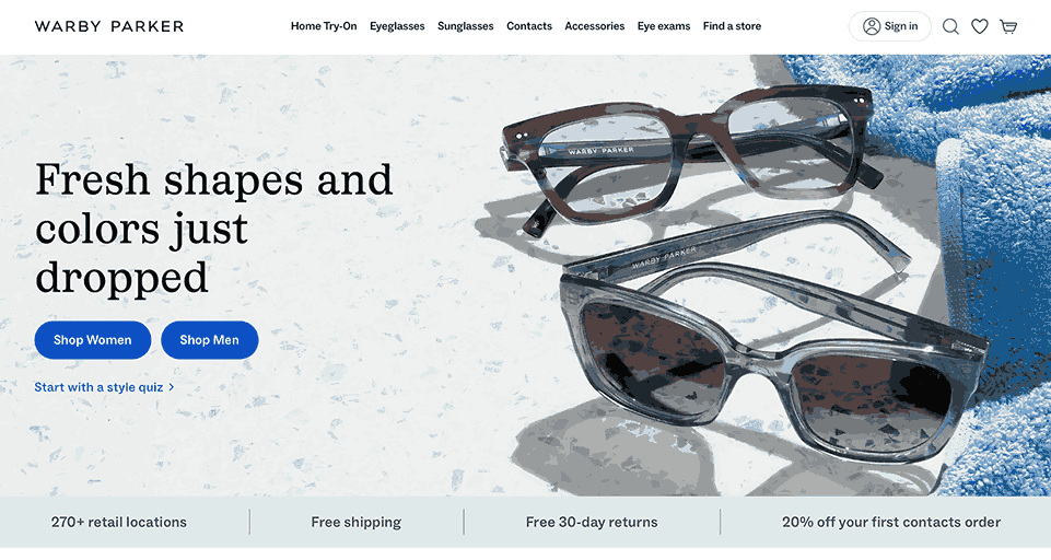 A screenshot of Warby Parker homepage as one of the fashion brands looking for influencers