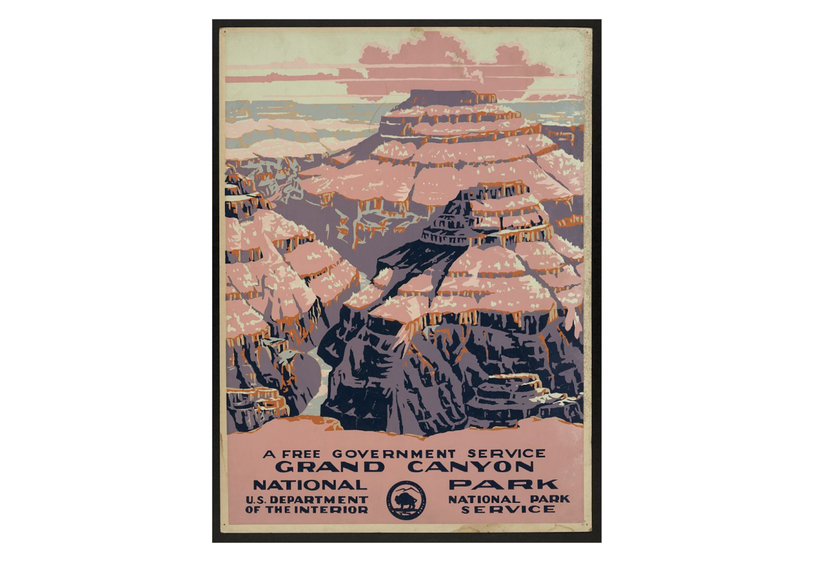 A vintage Grand Canyon travel poster that shows a drawing of the canyon