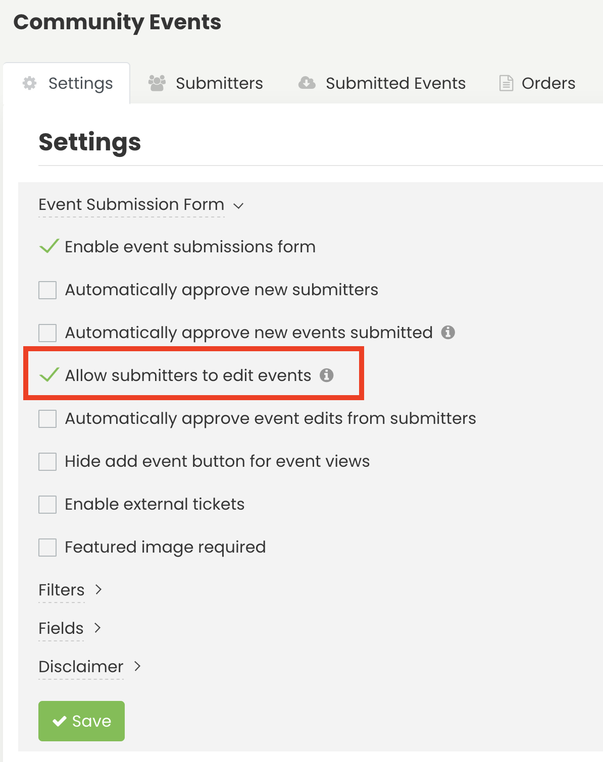 Option to Allow submitters to edit events.