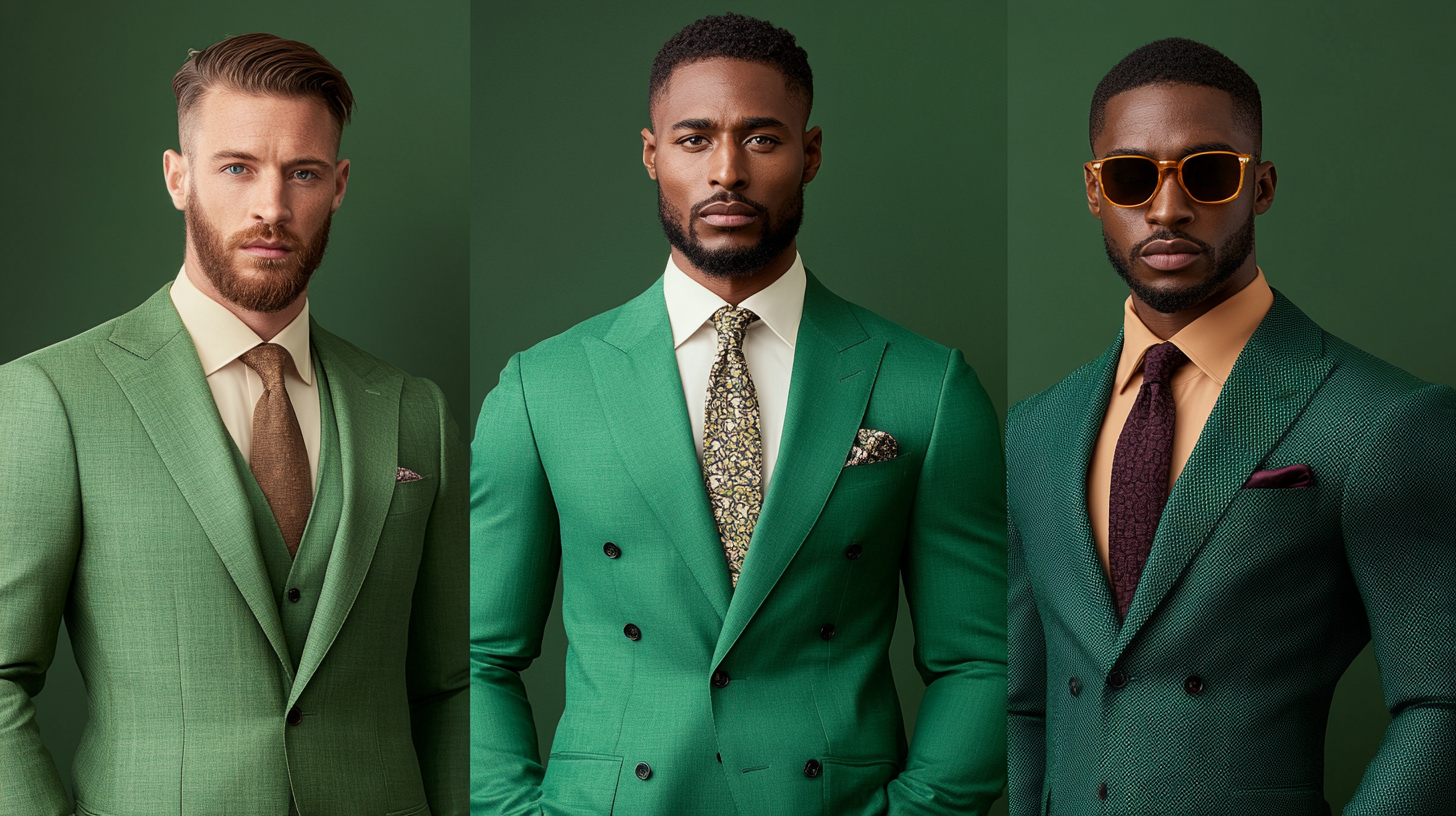 Split image showcasing suits in shades of green tailored for diverse skin tones: 1) A mint green suit paired with a light beige shirt and brown shoes, creating a soft, elegant look for light skin tones. 2) An emerald green suit with a crisp white shirt and a patterned tie, complemented by polished black shoes, perfect for medium skin tones. 3) A bold jade green suit paired with a cream shirt, burgundy tie, and dark leather shoes, ideal for dark skin tones. Each suit is styled against clean, modern backgrounds with lighting that enhances the richness and vibrancy of the greens.