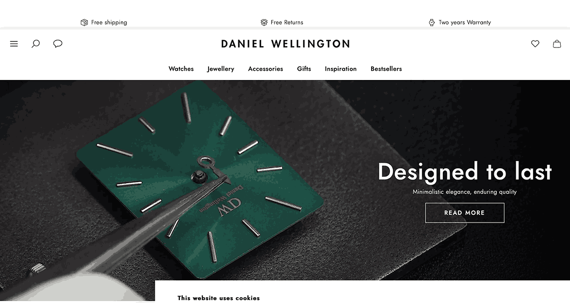 A screenshot of Daniel Wellington homepage as one of the fashion brands looking for influencers