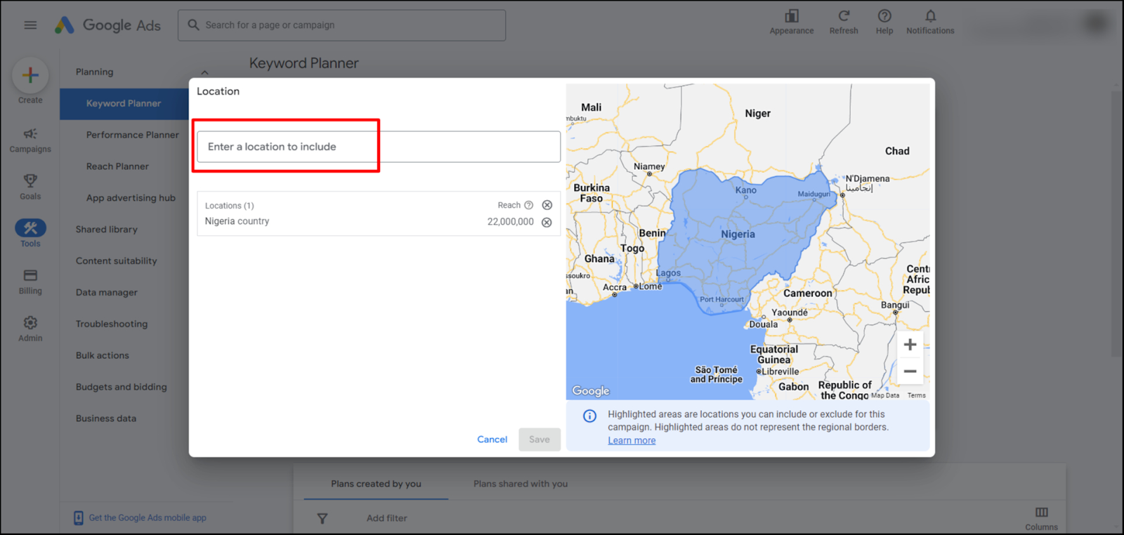 Google Keyword Planner - Enter a location to change it to the preferred one.