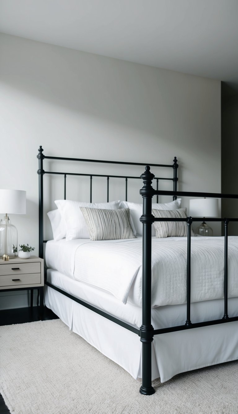 A sleek, modern bed frame with intricate metalwork stands as the centerpiece of a minimalist guest bedroom