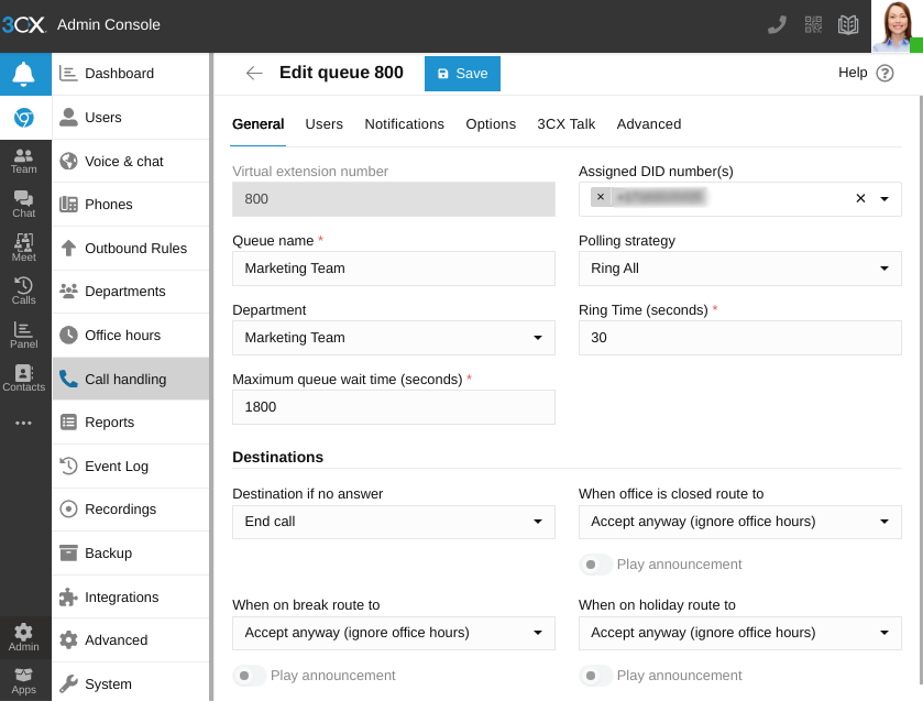 Edit a queue view in the 3CX web client admin console