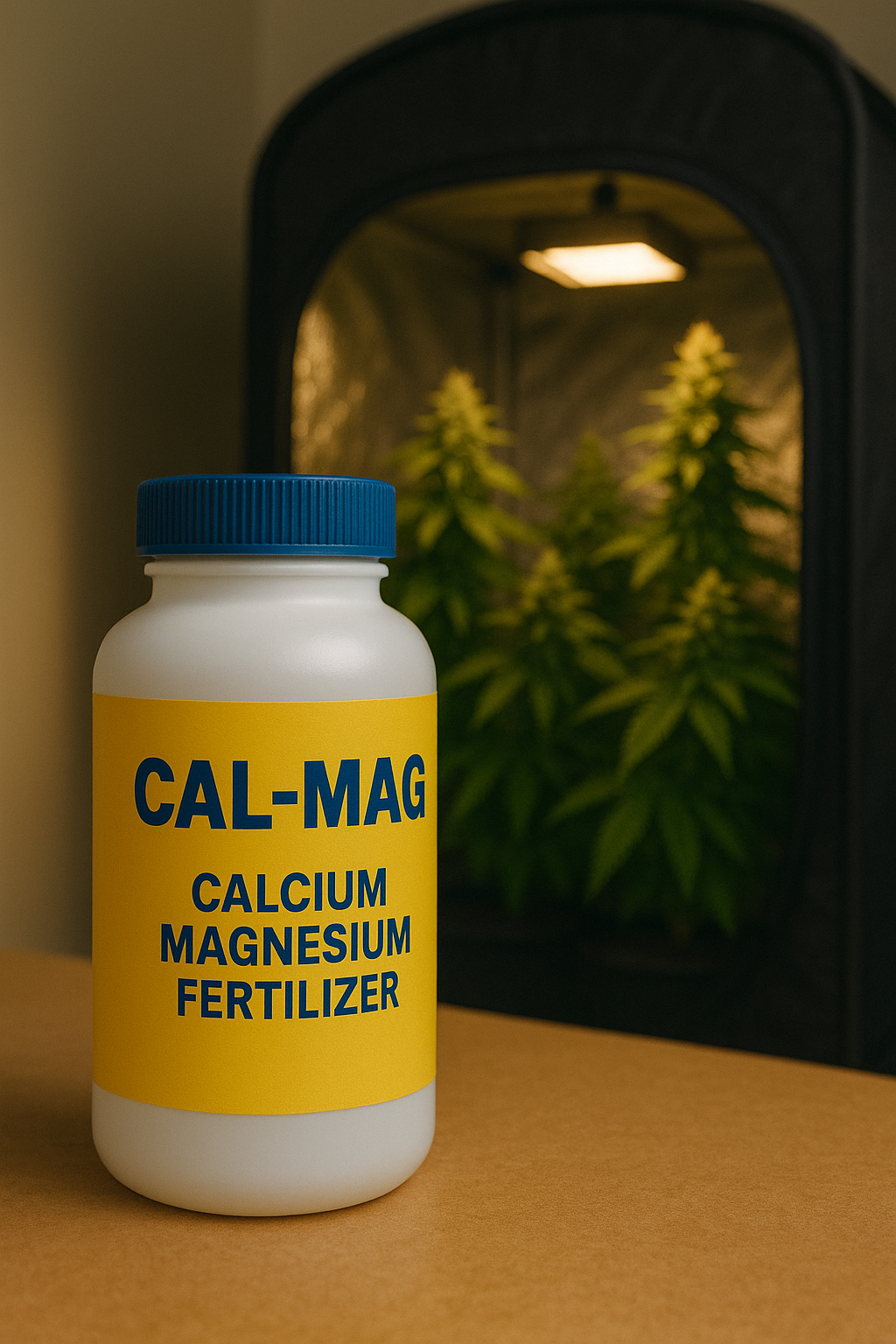 Cal-Mag supplement bottle with indoor cannabis plants in the background