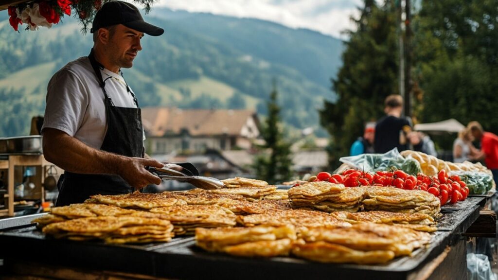 Schweizer Rösti sold at alpine market in Switzerland