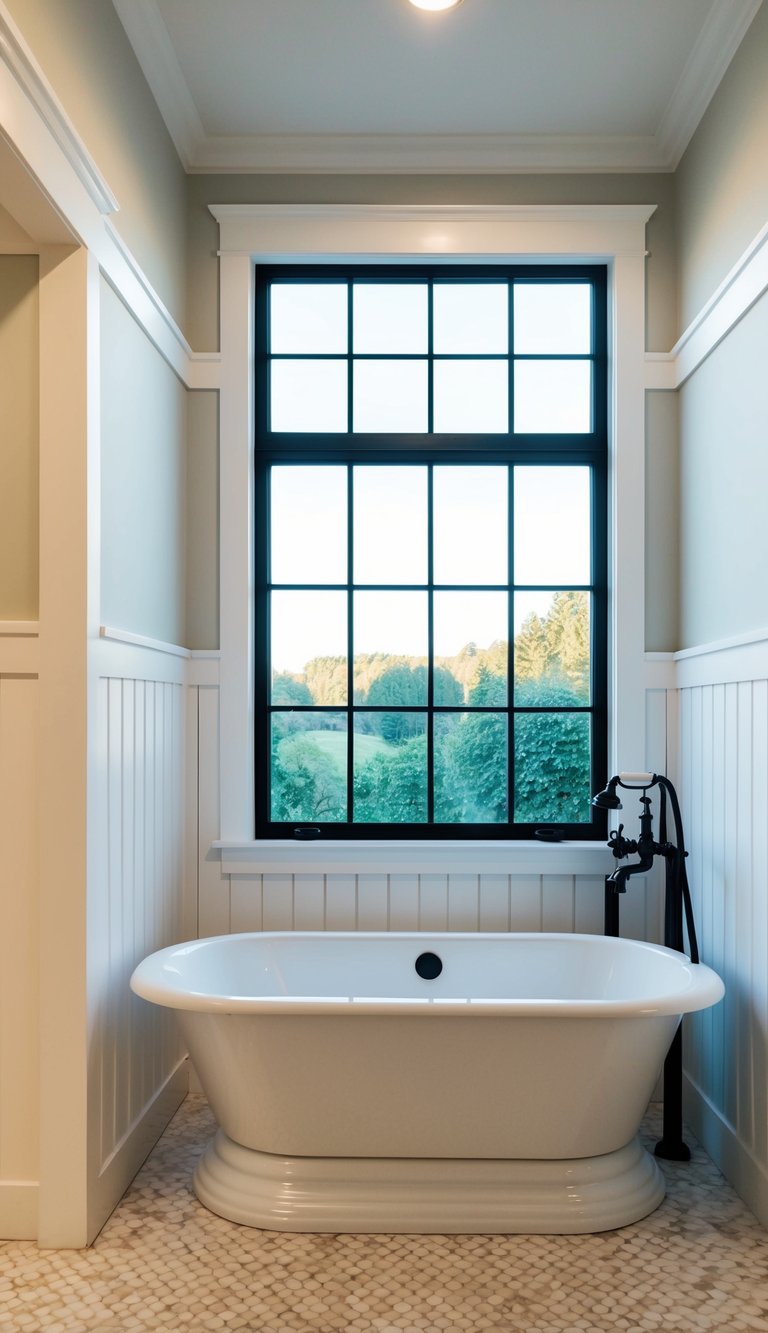 A bathroom with shiplap wainscoting, a freestanding bathtub, and a large window with a view of the outdoors