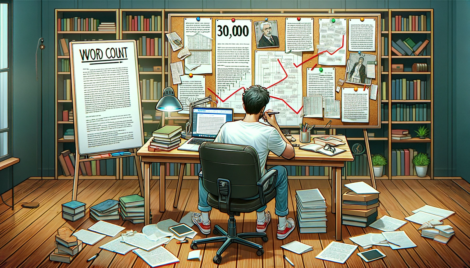 Writer analyzing notes and word count on a cluttered desk with a bulletin board.