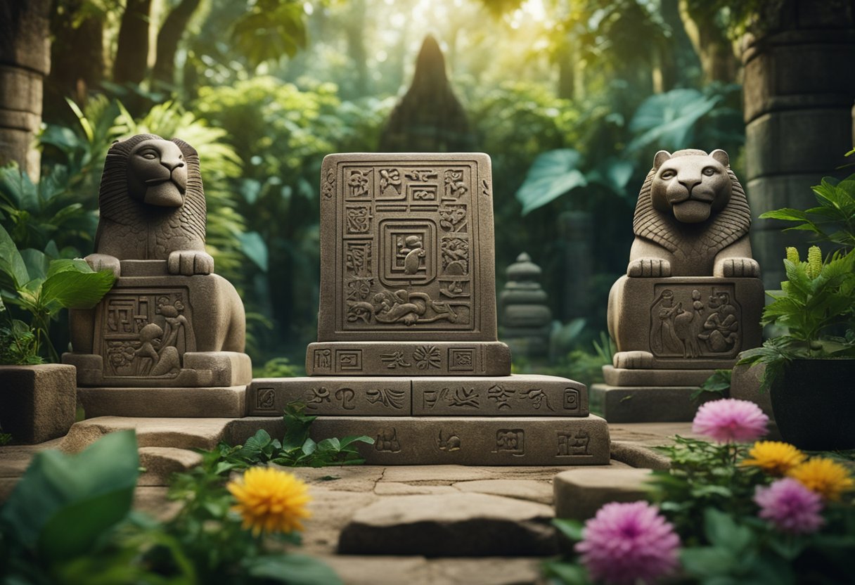 A group of animals gather around a set of ancient stone tablets engraved with mysterious symbols, surrounded by lush greenery and colorful flowers