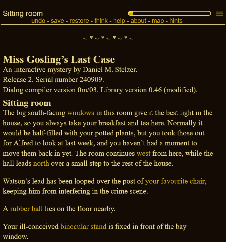 Game’s title and text for the Sitting Room sit below a decorative divider. To the top right a progress bar has started.