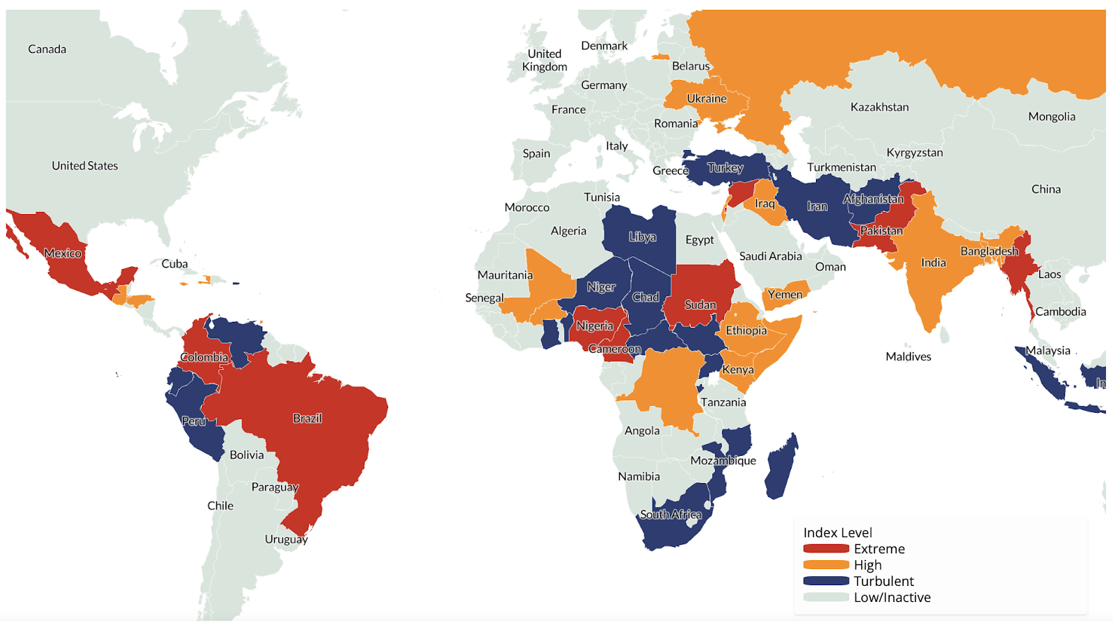 A map of the world with different colored countries/regions

Description automatically generated