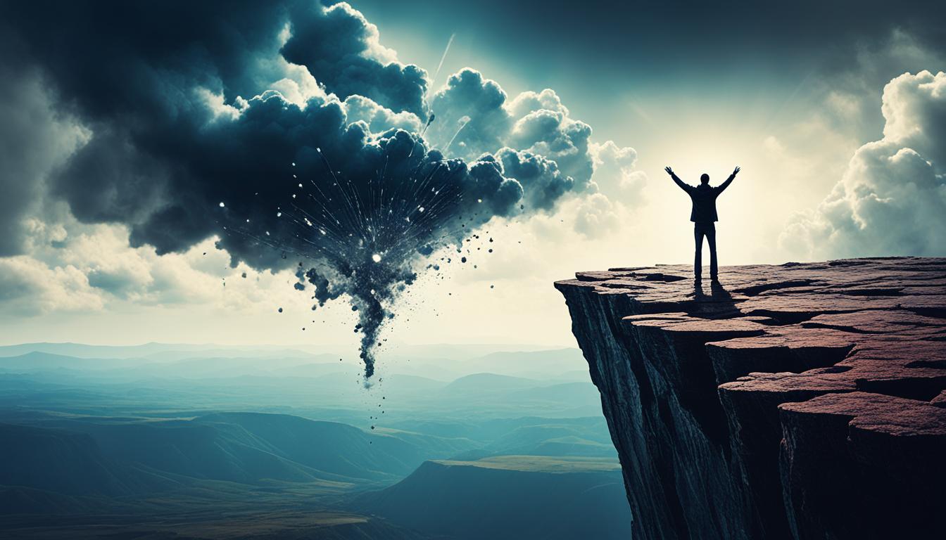 An image of a person standing on the edge of a cliff, looking out into an expansive horizon. The person's hands are open and raised above their head, as if releasing something into the universe. In the distance, a dark cloud is seen dissipating into the sky, symbolizing the release of negative thoughts or emotions. Surrounding the person are elements of nature - trees, mountains, and stars - representing the vastness and interconnectedness of the world.