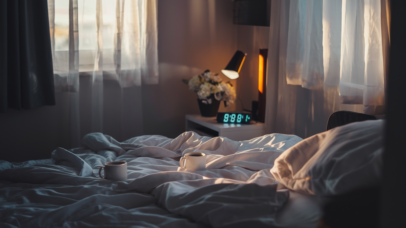 Create a realistic image of a bedroom at dawn with soft morning light streaming through partially open curtains, an unmade bed with rumpled white sheets, two coffee mugs on a bedside table, a romantic atmosphere with subtle warm lighting, a digital clock showing early morning time, and a sense of intimate connection and energy without showing any people.