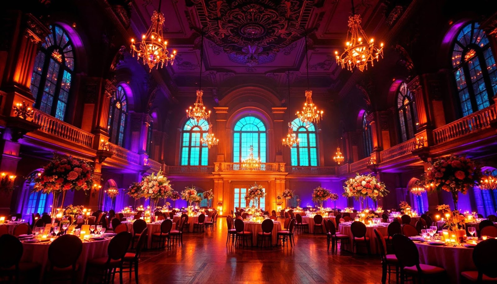 Colorful uplighting illuminating trees and architectural features at an outdoor wedding venue, creating a dramatic and enchanting evening ambiance.