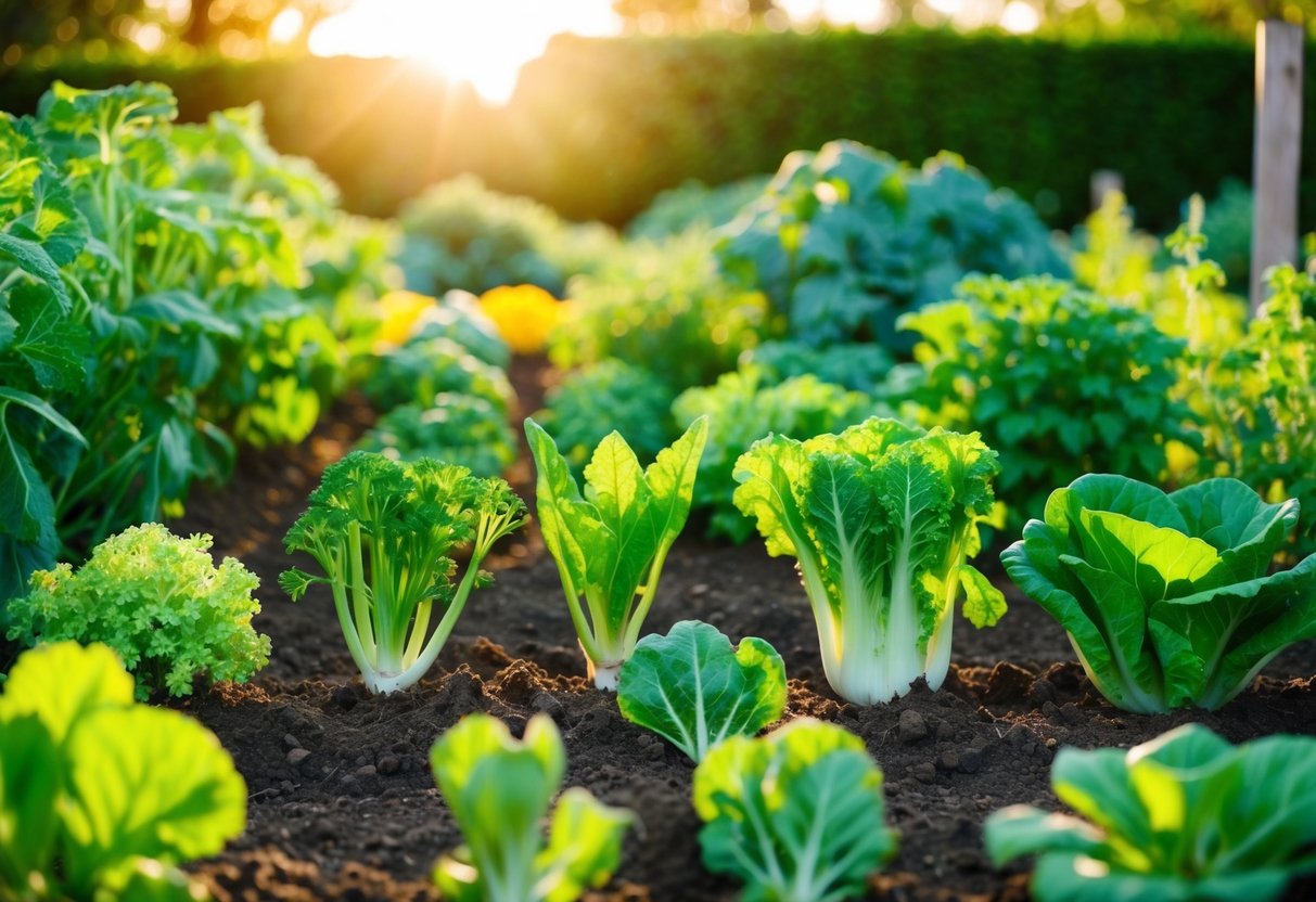 A garden with 10 different types of vegetables in various stages of growth, surrounded by rich soil and bathed in warm sunlight