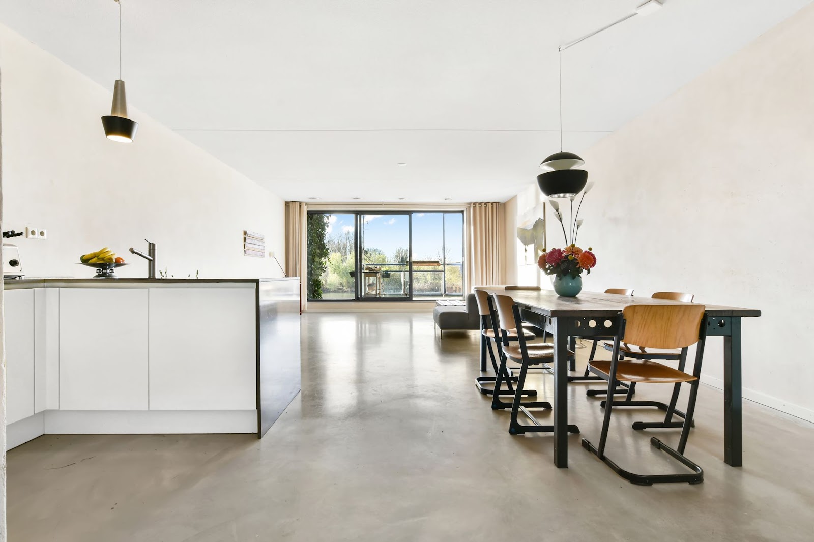 Stained concrete floors in a kitchen. 