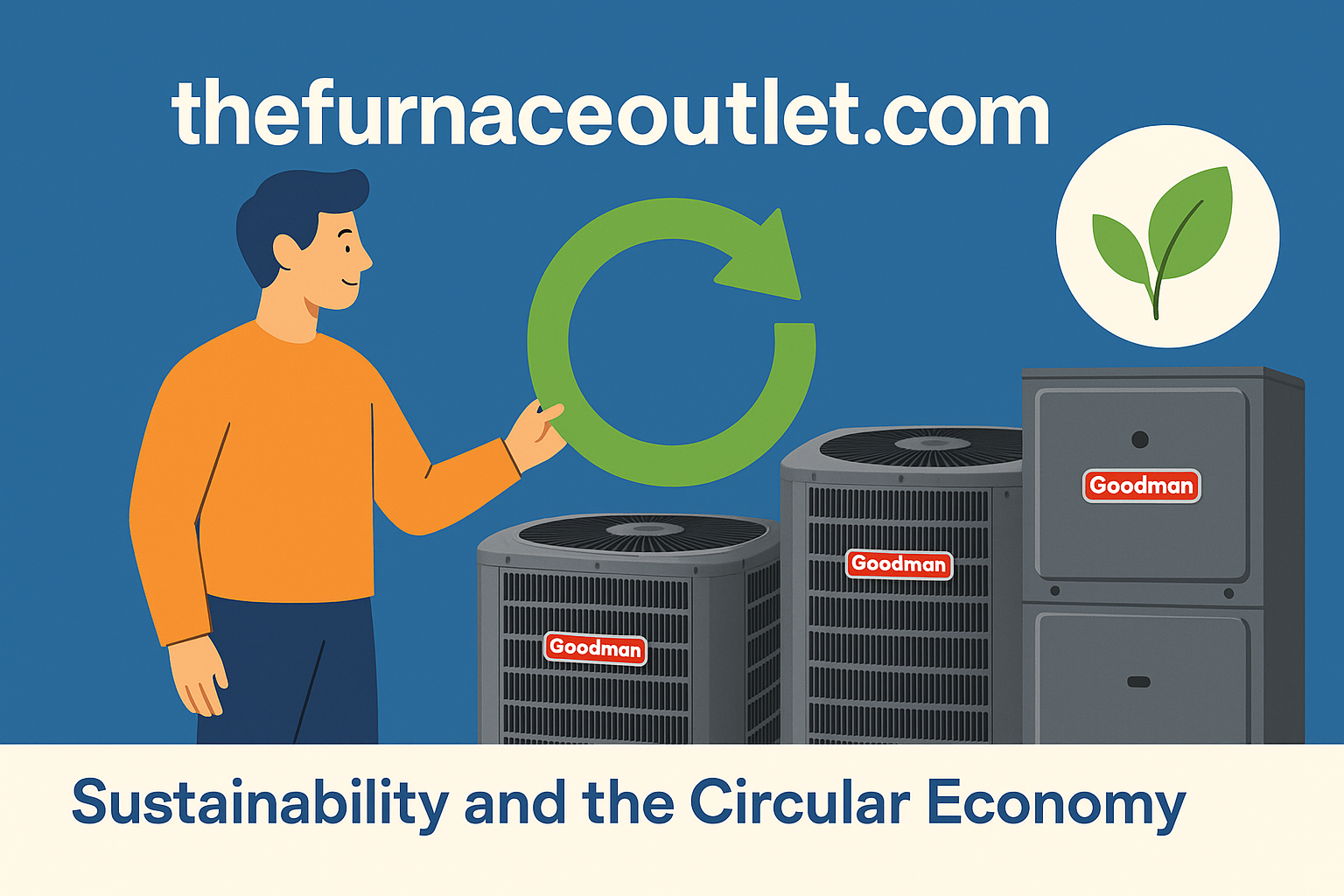A flat-style digital illustration advertisement for TheFurnaceOutlet.com shows a man promoting sustainable HVAC practices, holding a green circular arrow beside three Goodman units, with a leaf icon above to symbolize eco-consciousness and the circular economy