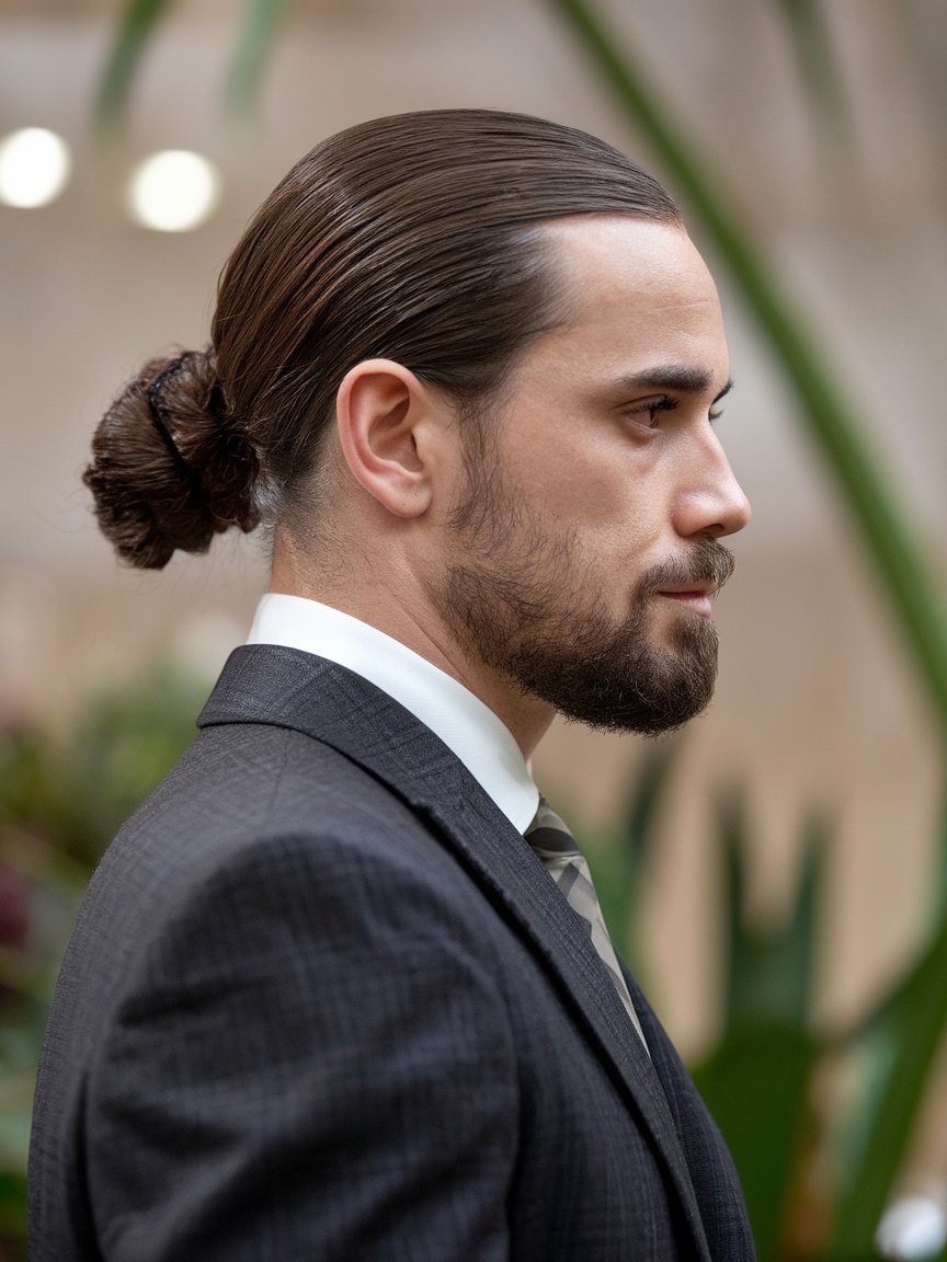 9. Polished Low Ponytail with Beard: A Suave Take