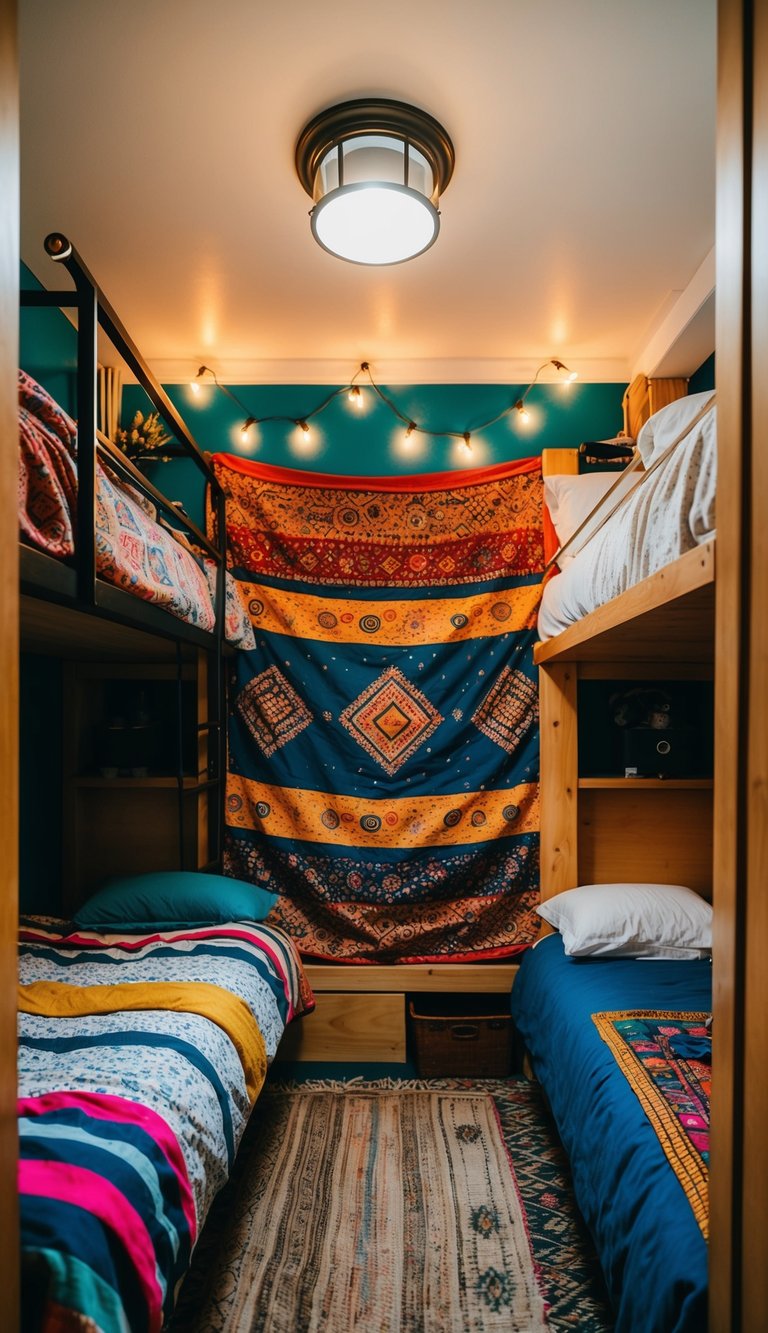 A cozy, eclectic bunk room with mismatched bedding, string lights, and vibrant tapestries adorning the walls