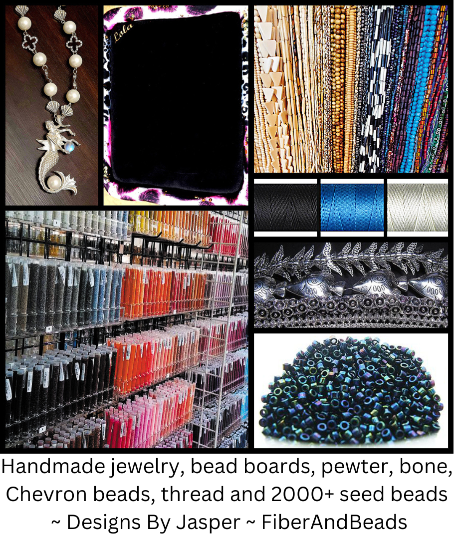 Handmade jewelry, bead boards, pewter, bone, Chevron beads, thread and 2000+ seed beads ~ Designs By Jasper ~ FiberAndBeads