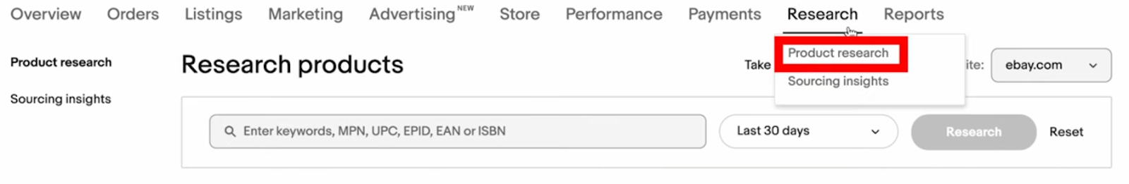 「Research」→「Product research」をクリックします