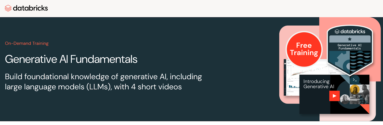 The Databricks landing page shows their free AI video training program.