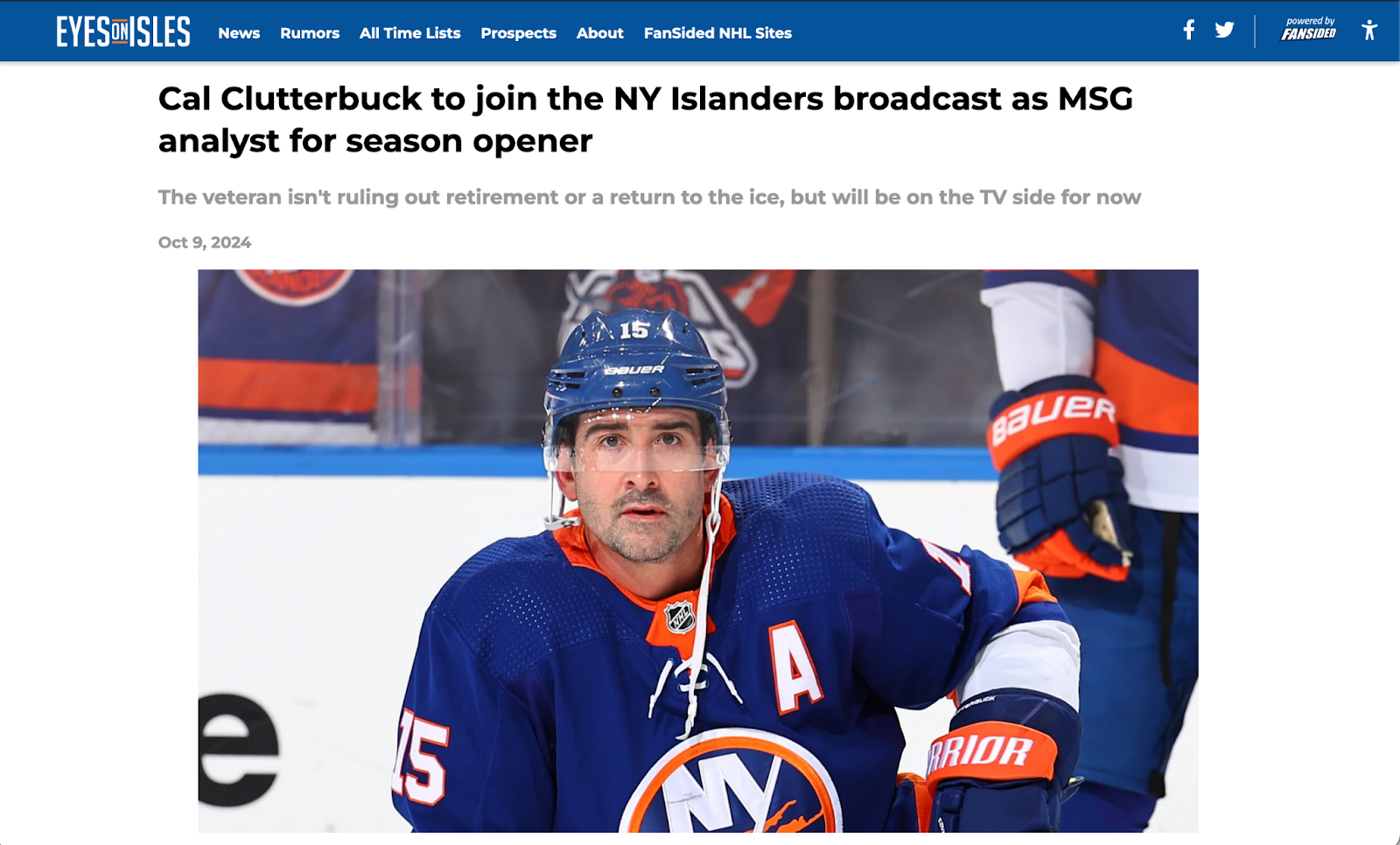 Cal Clutterbuck to join the NY Islanders broadcast on MSG analyst for season opener