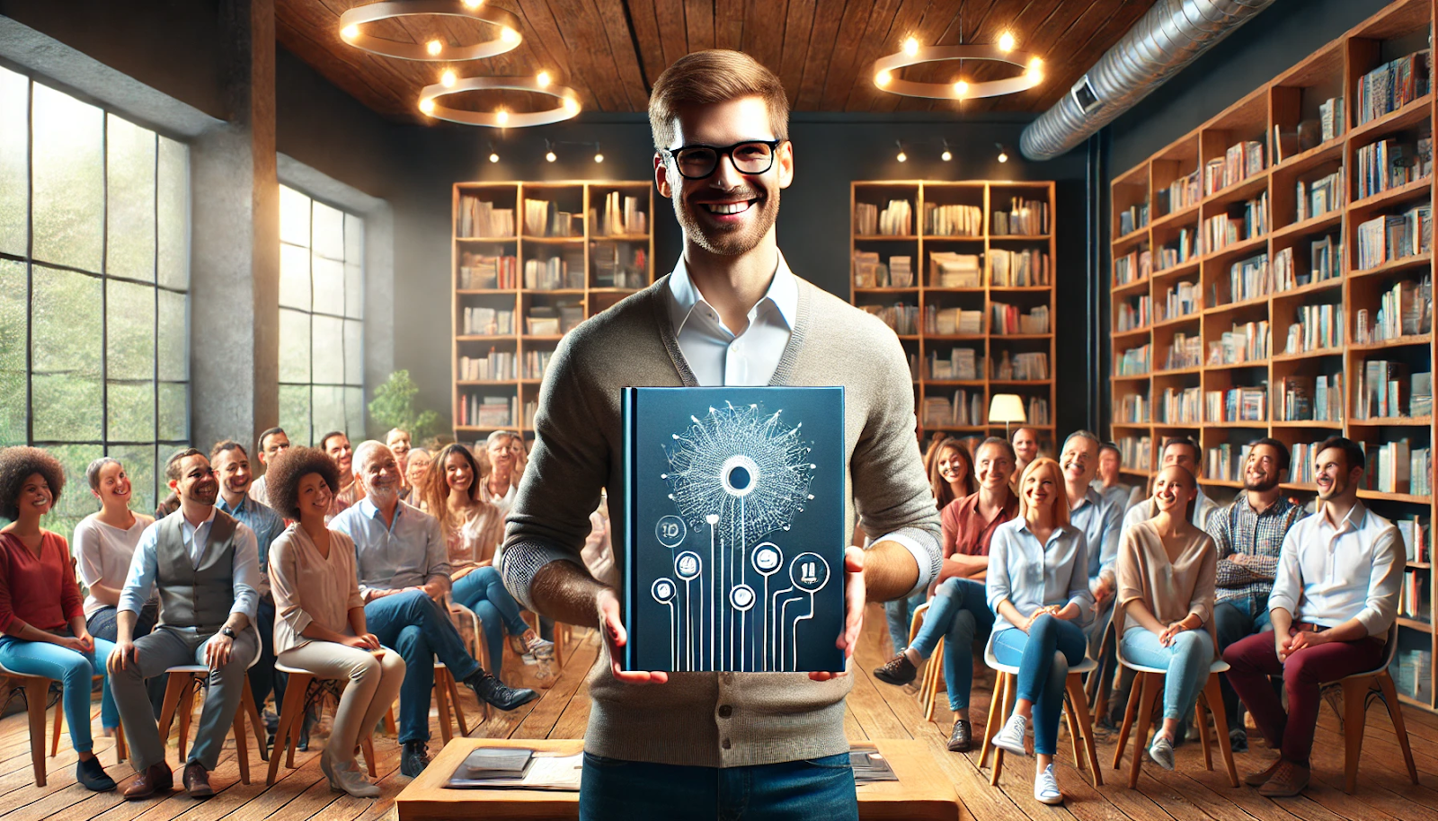 A smiling man in glasses holds up a book with a futuristic design while standing in front of an audience in a bookstore or library. The crowd, seated and engaged, is surrounded by tall bookshelves and warm lighting, creating an inviting atmosphere