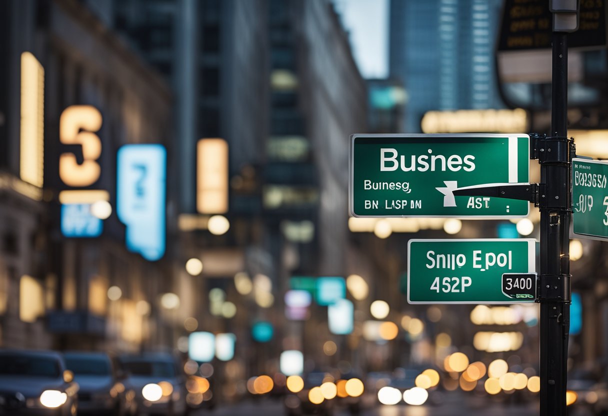 A bustling city street with service-based businesses, each with a prominent street sign displaying their business name and zip code