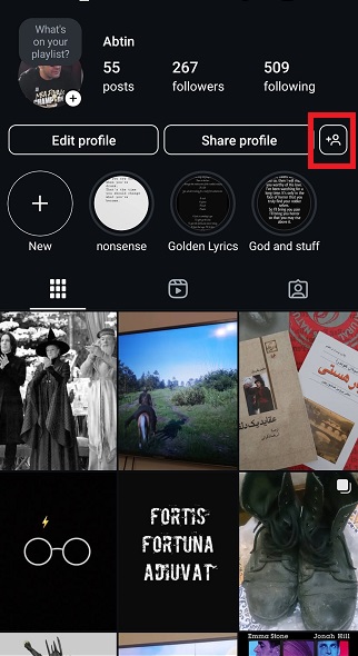 Tap on the icon with a plus sign right of the “Share profile” option