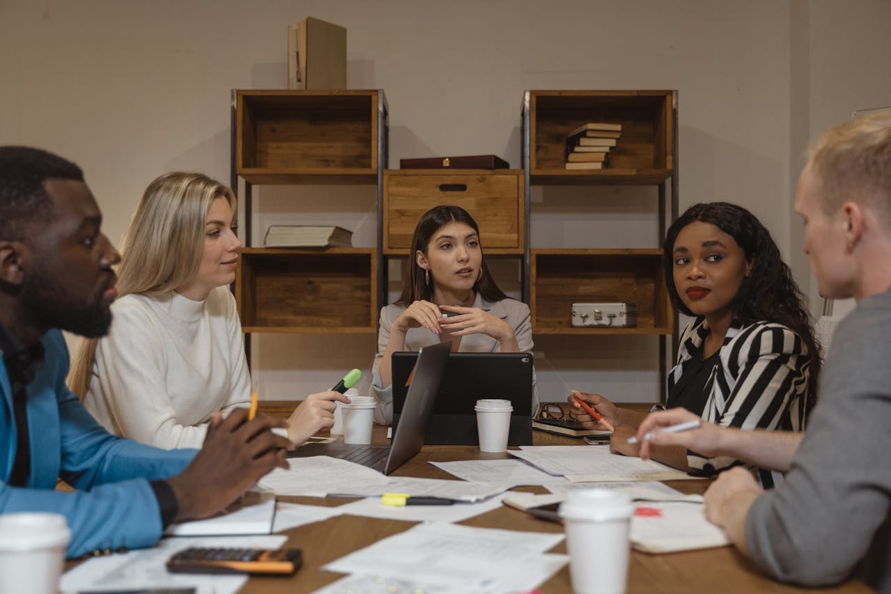 A group of employees having a meeting